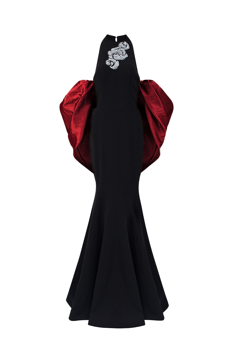 JESSICA BLACK AND BURGUNDY DRAPED TRAIN MERMAID GOWN