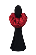 JESSICA BLACK AND BURGUNDY DRAPED TRAIN MERMAID GOWN