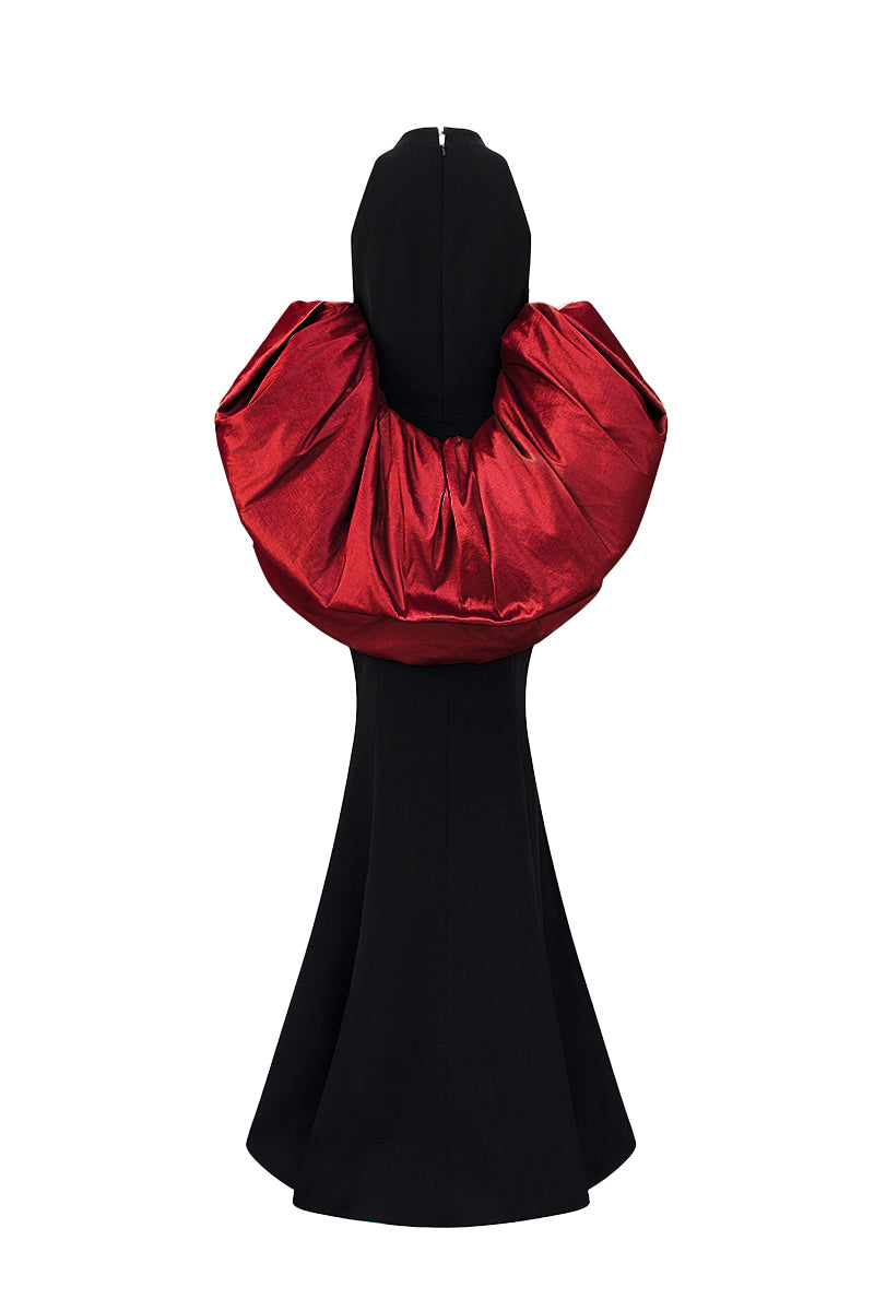 JESSICA BLACK AND BURGUNDY DRAPED TRAIN MERMAID GOWN
