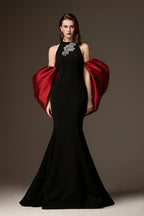 JESSICA BLACK AND BURGUNDY DRAPED TRAIN MERMAID GOWN