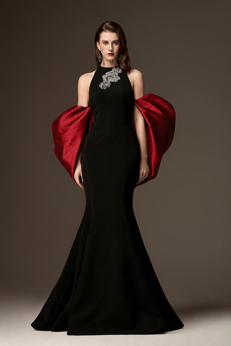 JESSICA BLACK AND BURGUNDY DRAPED TRAIN MERMAID GOWN