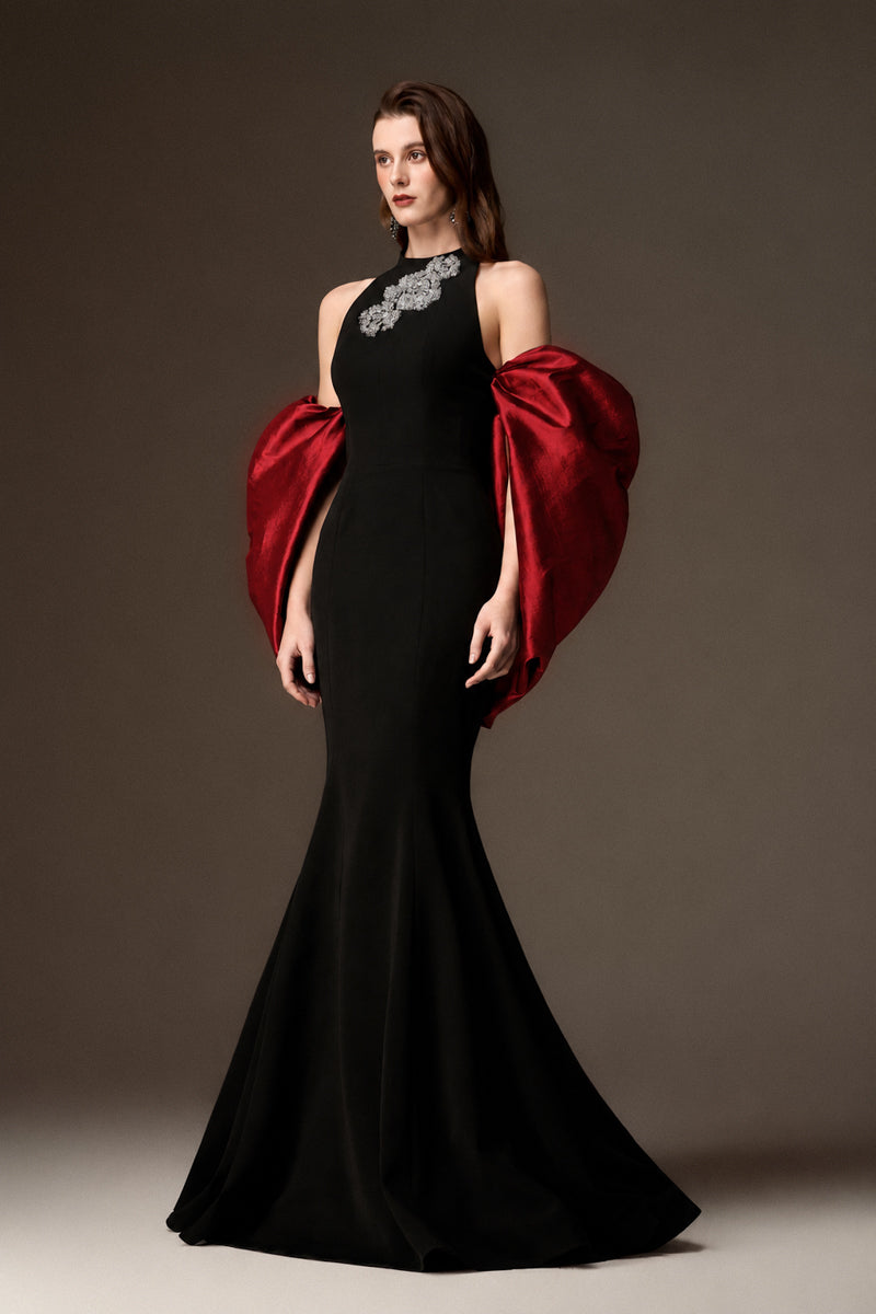 JESSICA BLACK AND BURGUNDY DRAPED TRAIN MERMAID GOWN