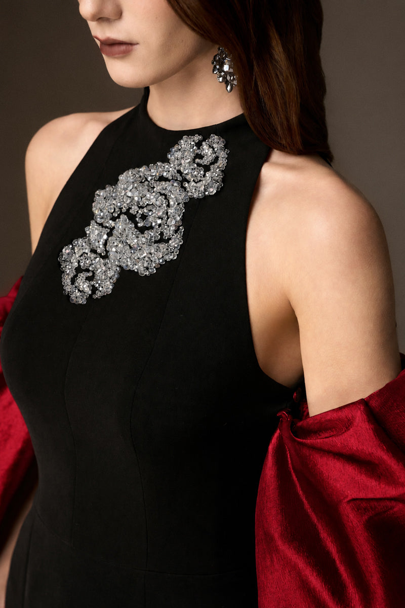 JESSICA BLACK AND BURGUNDY DRAPED TRAIN MERMAID GOWN