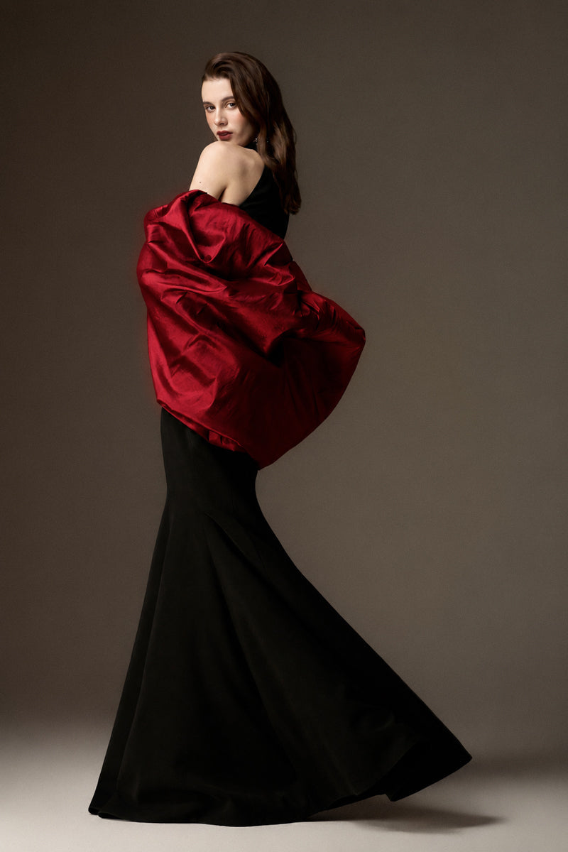 JESSICA BLACK AND BURGUNDY DRAPED TRAIN MERMAID GOWN