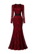 CELESTE BURGUNDY BELTED LACE MERMAID GOWN