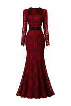 CELESTE BURGUNDY BELTED LACE MERMAID GOWN