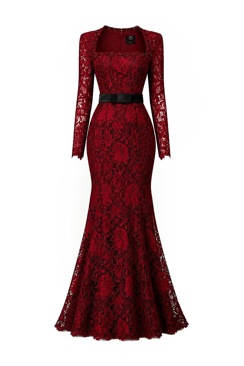 CELESTE BURGUNDY BELTED LACE MERMAID GOWN