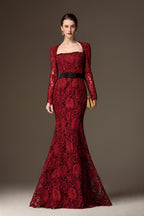 CELESTE BURGUNDY BELTED LACE MERMAID GOWN