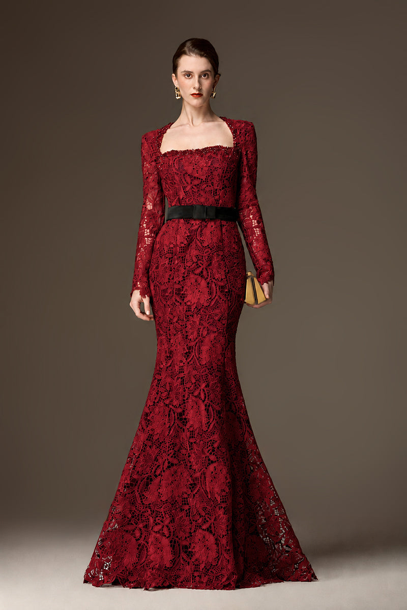 CELESTE BURGUNDY BELTED LACE MERMAID GOWN