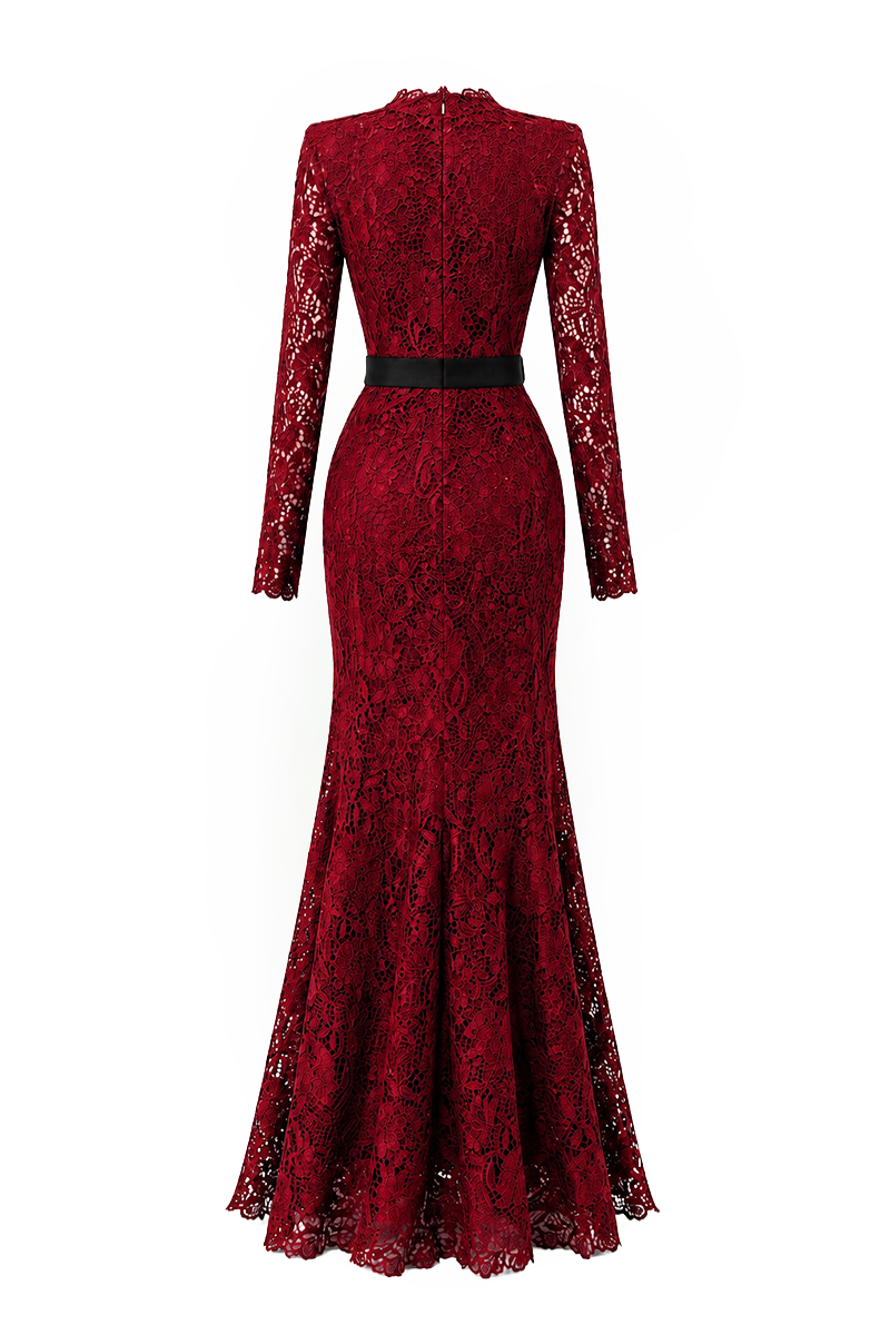 CELESTE BURGUNDY BELTED LACE MERMAID GOWN