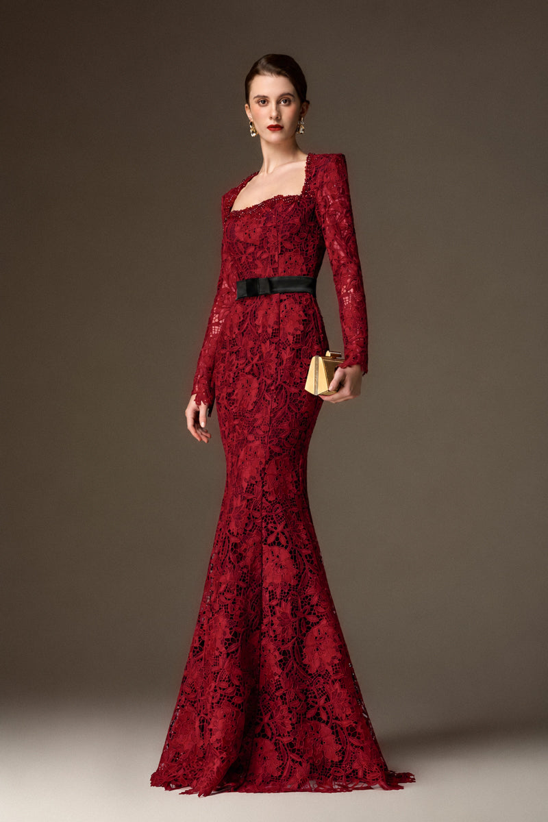 CELESTE BURGUNDY BELTED LACE MERMAID GOWN