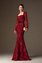 CELESTE BURGUNDY BELTED LACE MERMAID GOWN