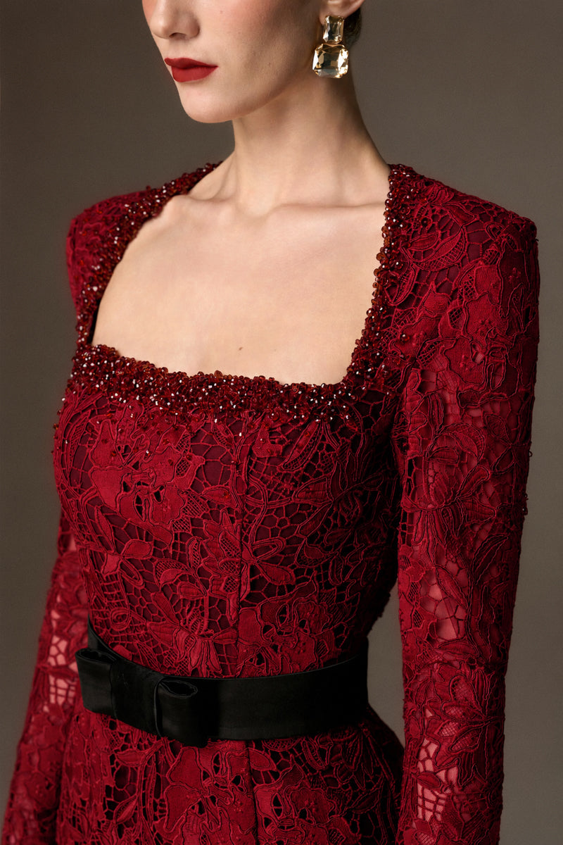 CELESTE BURGUNDY BELTED LACE MERMAID GOWN