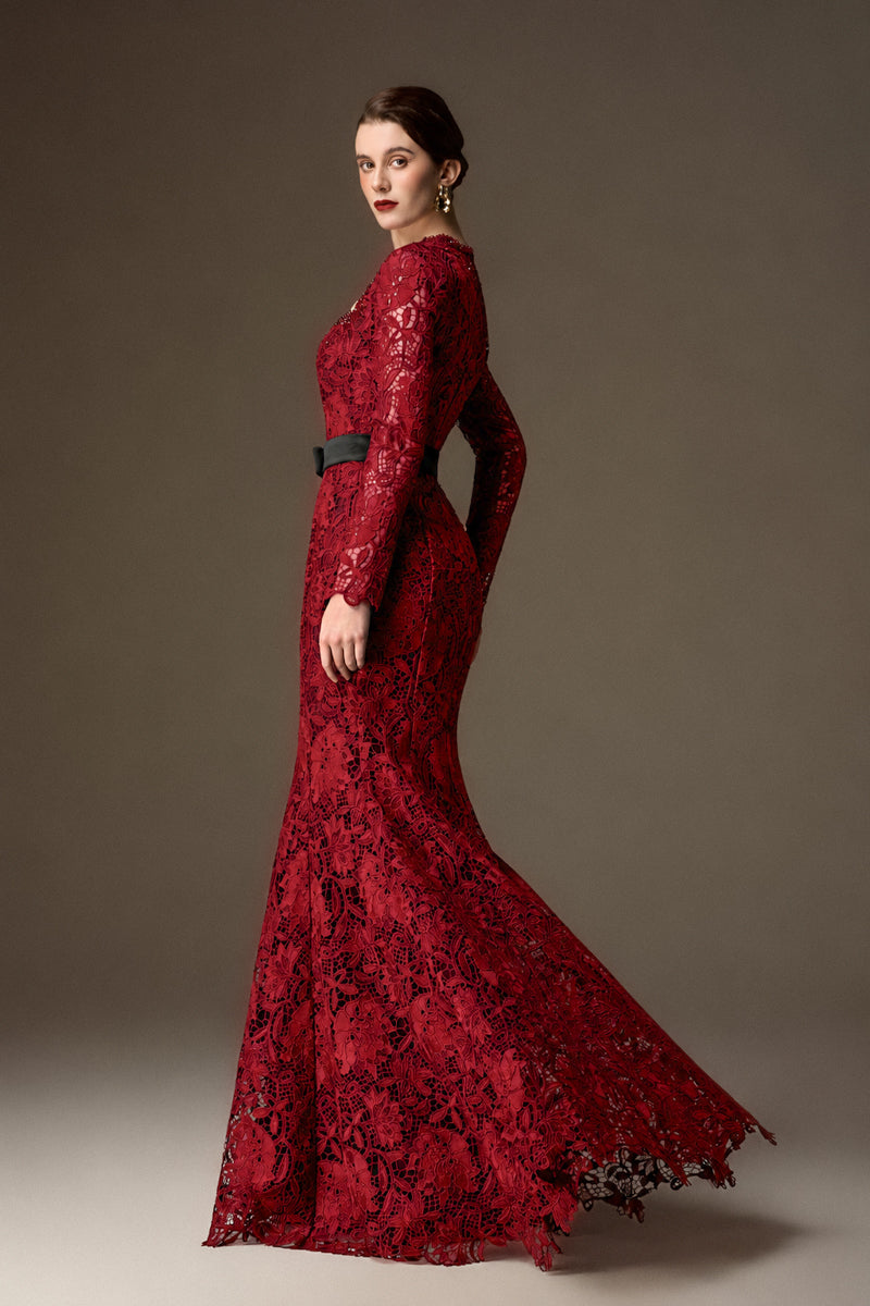 CELESTE BURGUNDY BELTED LACE MERMAID GOWN