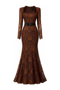 CELESTE BROWN BELTED LACE MERMAID GOWN
