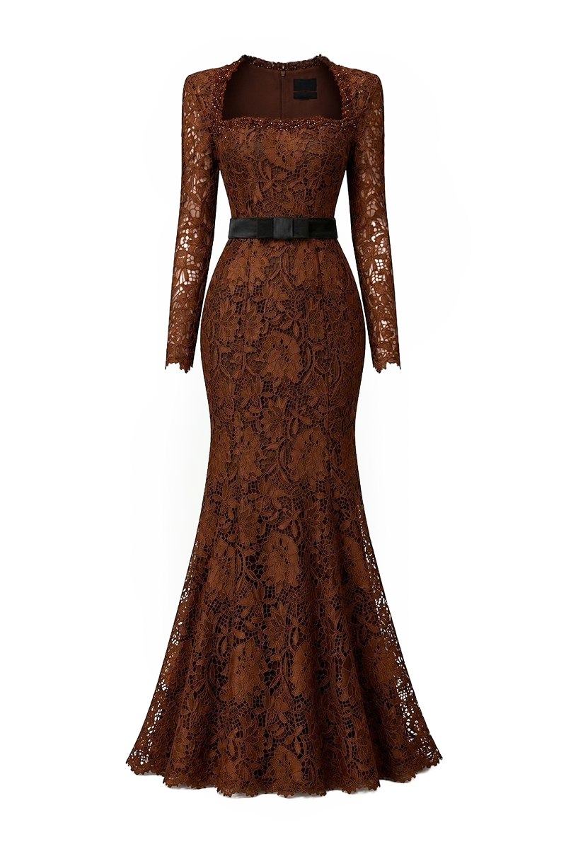 CELESTE BROWN BELTED LACE MERMAID GOWN