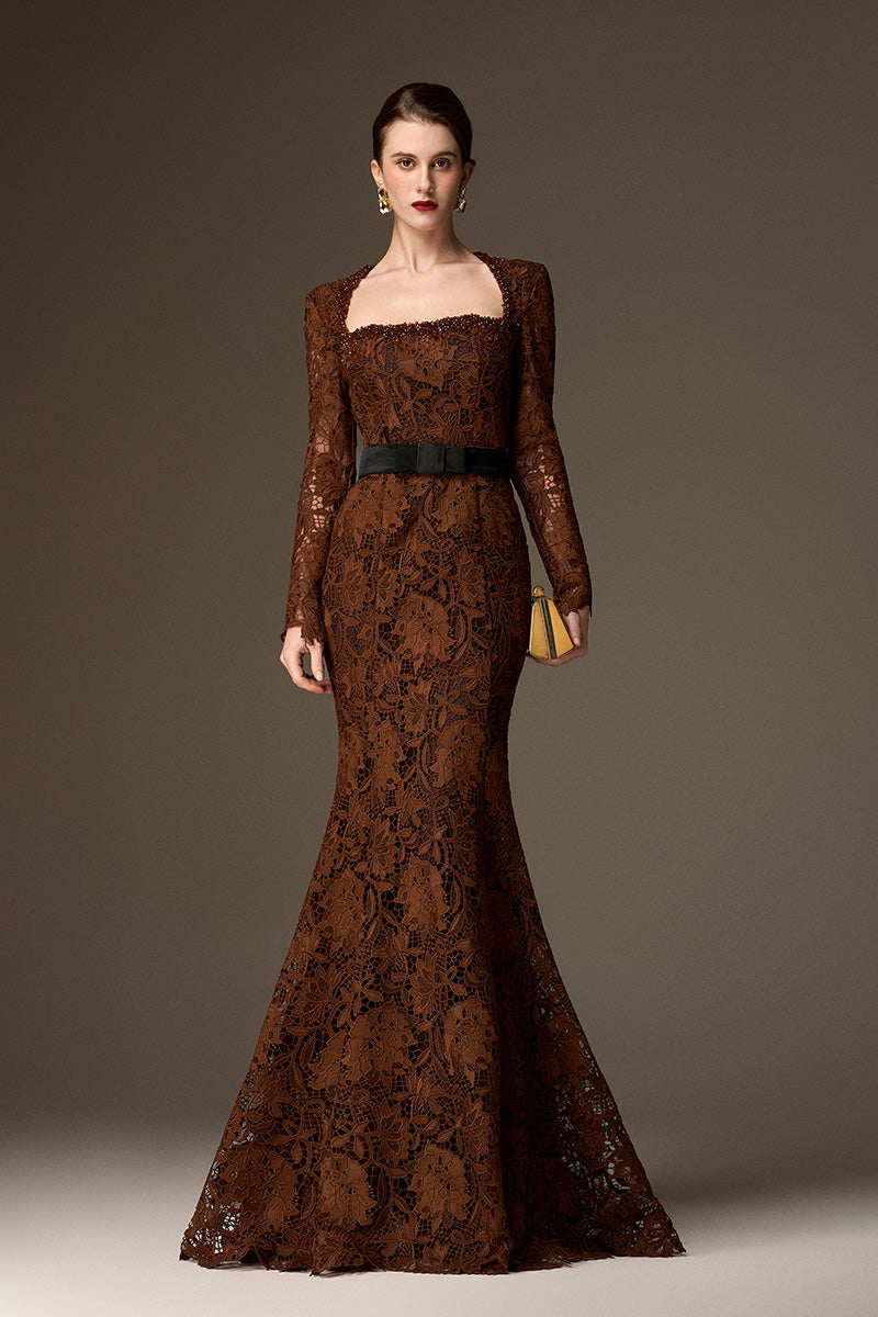 CELESTE BROWN BELTED LACE MERMAID GOWN