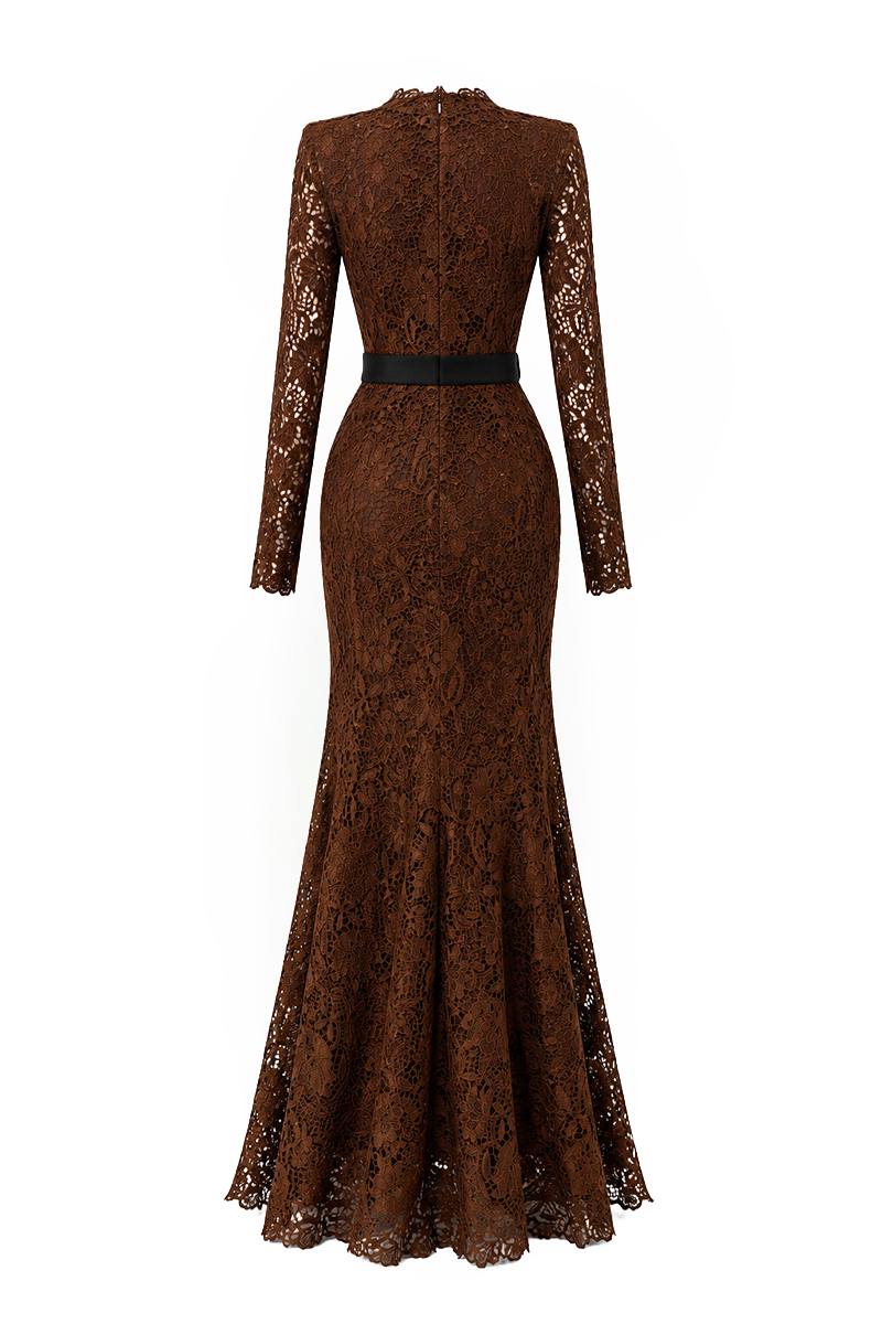 CELESTE BROWN BELTED LACE MERMAID GOWN