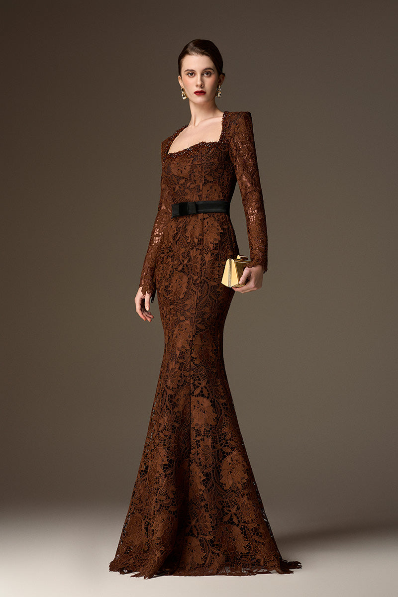 CELESTE BROWN BELTED LACE MERMAID GOWN