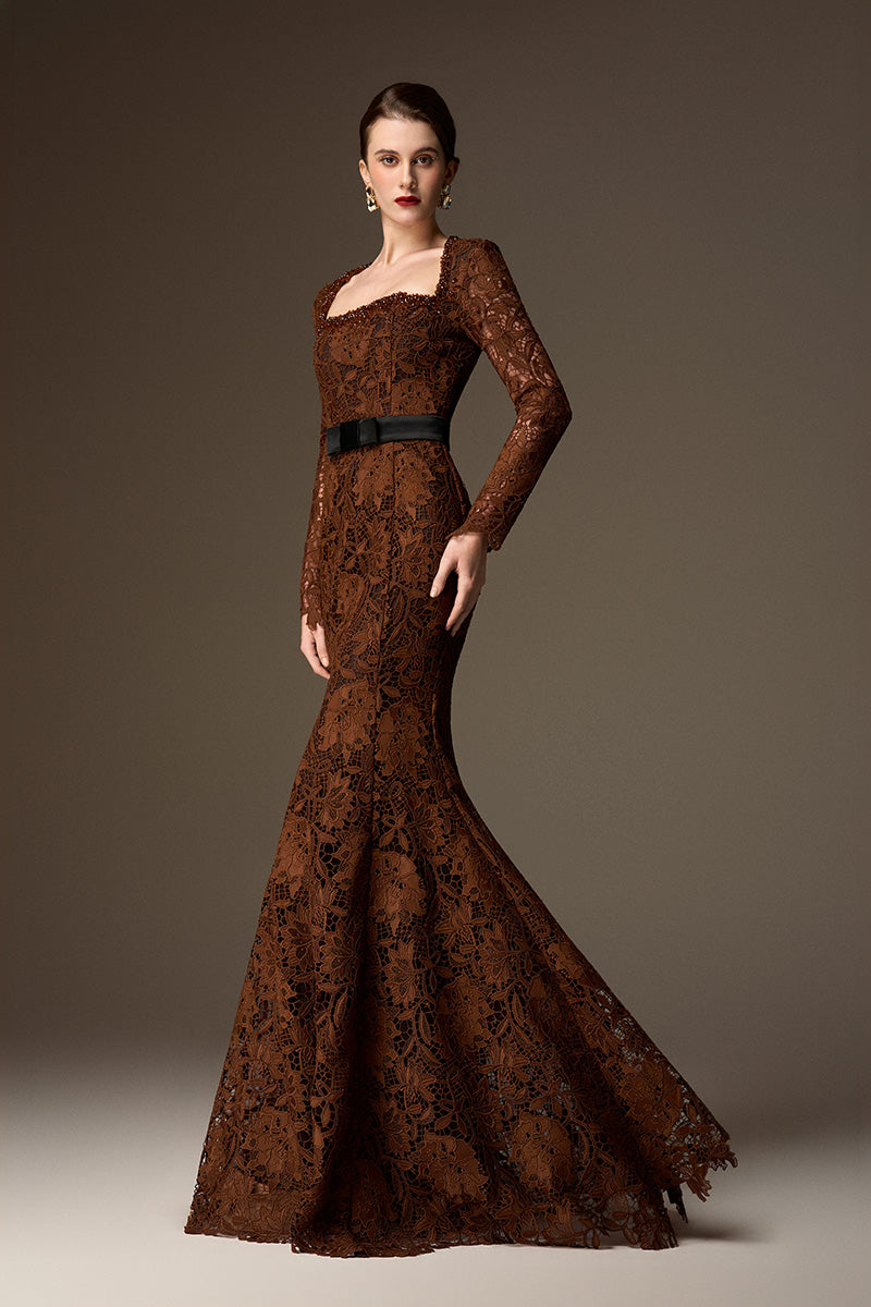 CELESTE BROWN BELTED LACE MERMAID GOWN