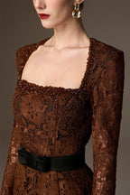 CELESTE BROWN BELTED LACE MERMAID GOWN