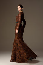 CELESTE BROWN BELTED LACE MERMAID GOWN