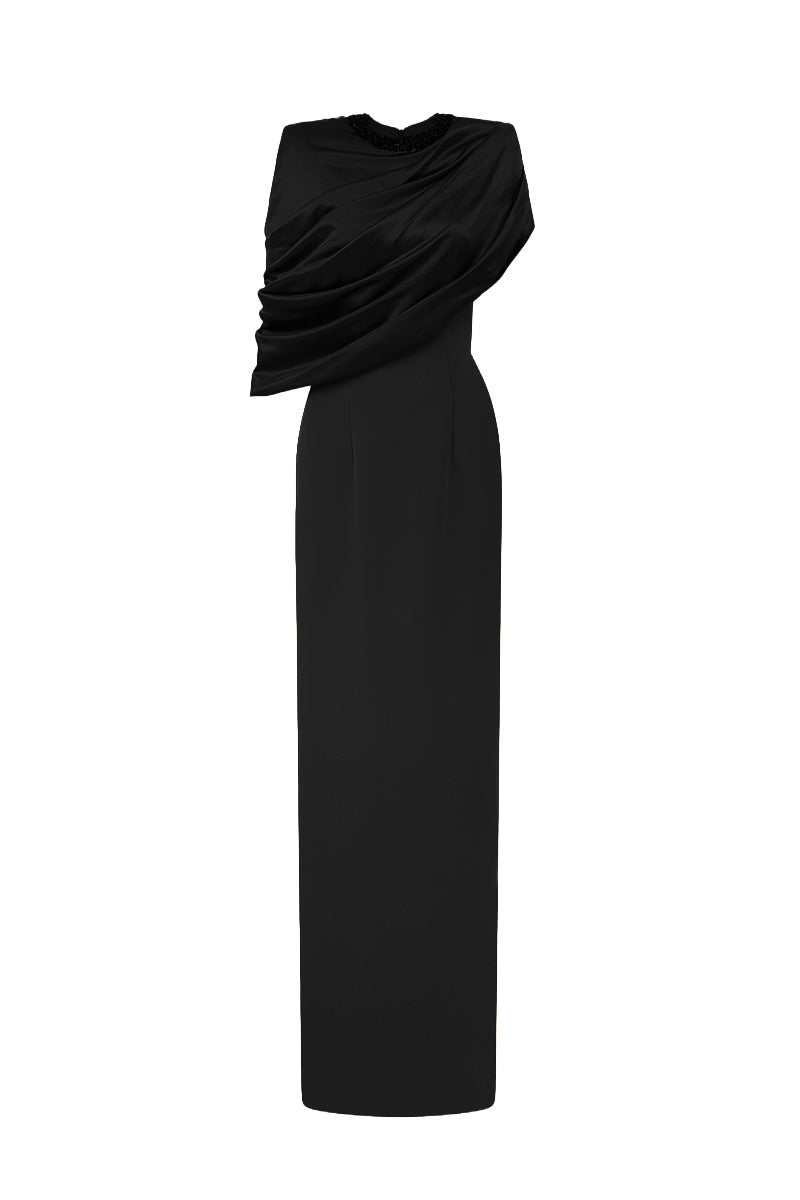 AURELIA BLACK ASYMMETRIC CAPE COLUMN GOWN