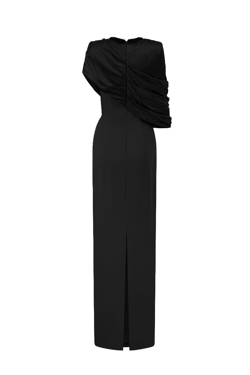 AURELIA BLACK ASYMMETRIC CAPE COLUMN GOWN