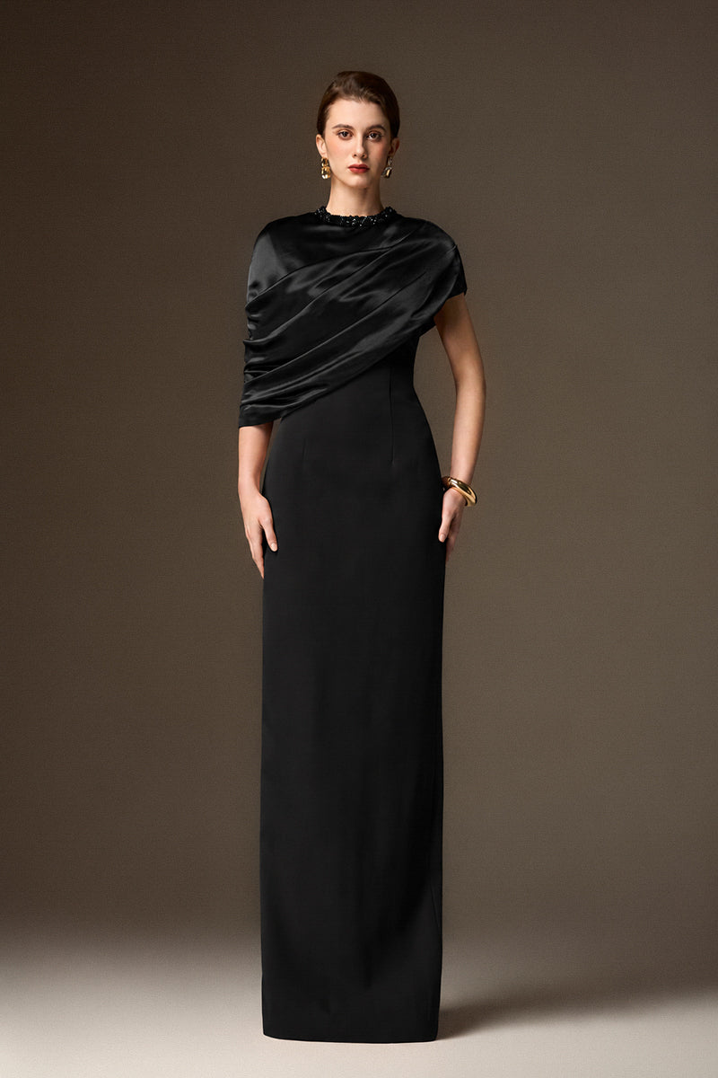 AURELIA BLACK ASYMMETRIC CAPE COLUMN GOWN