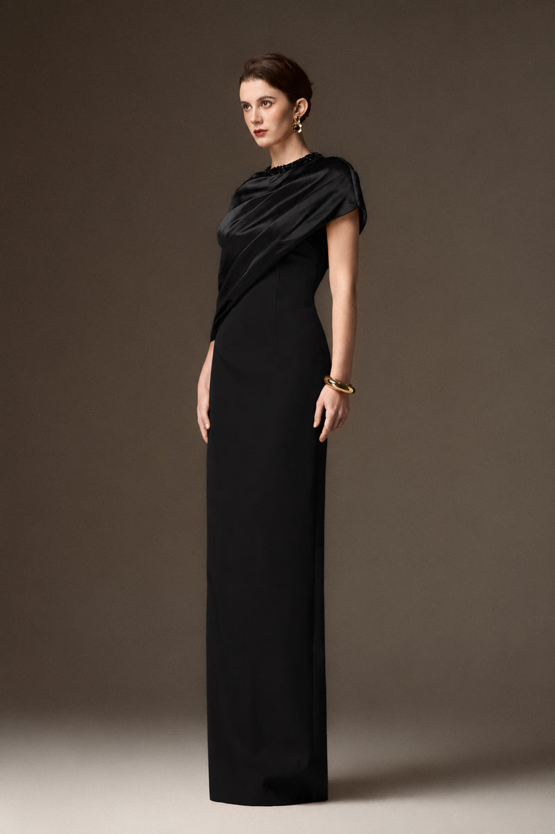 AURELIA BLACK ASYMMETRIC CAPE COLUMN GOWN