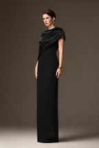 AURELIA BLACK ASYMMETRIC CAPE COLUMN GOWN