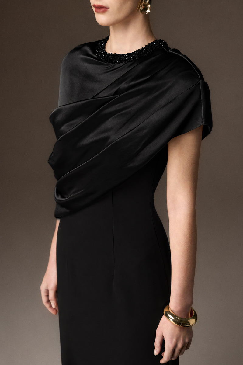 AURELIA BLACK ASYMMETRIC CAPE COLUMN GOWN