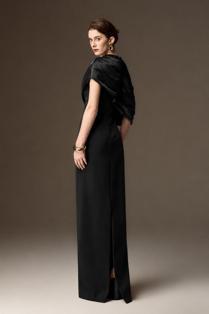 AURELIA BLACK ASYMMETRIC CAPE COLUMN GOWN