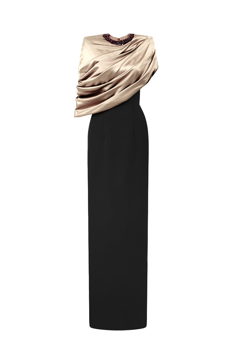 AURELIA BLACK AND WHITE ASYMMETRIC CAPE COLUMN GOWN
