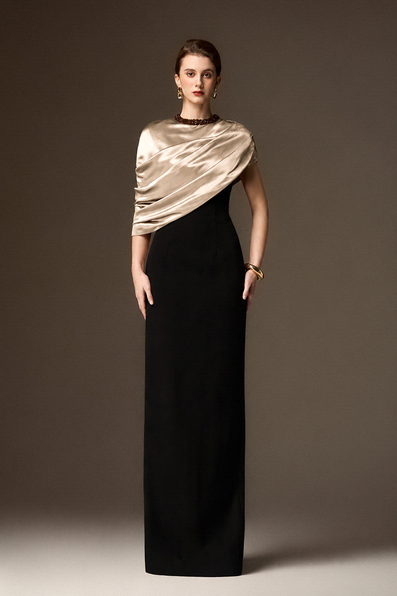 AURELIA BLACK AND WHITE ASYMMETRIC CAPE COLUMN GOWN