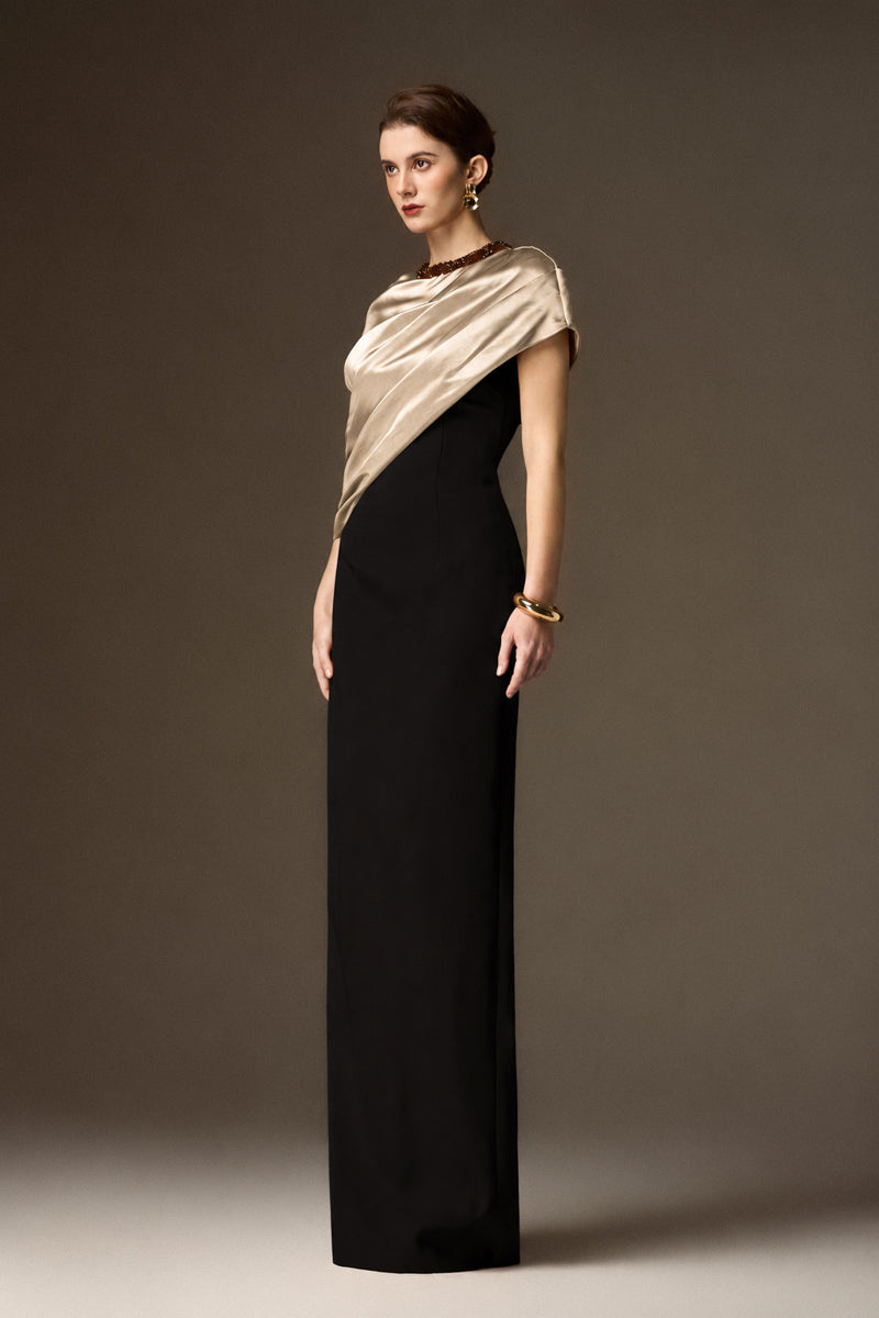 AURELIA BLACK AND WHITE ASYMMETRIC CAPE COLUMN GOWN