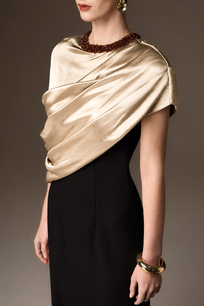 AURELIA BLACK AND WHITE ASYMMETRIC CAPE COLUMN GOWN