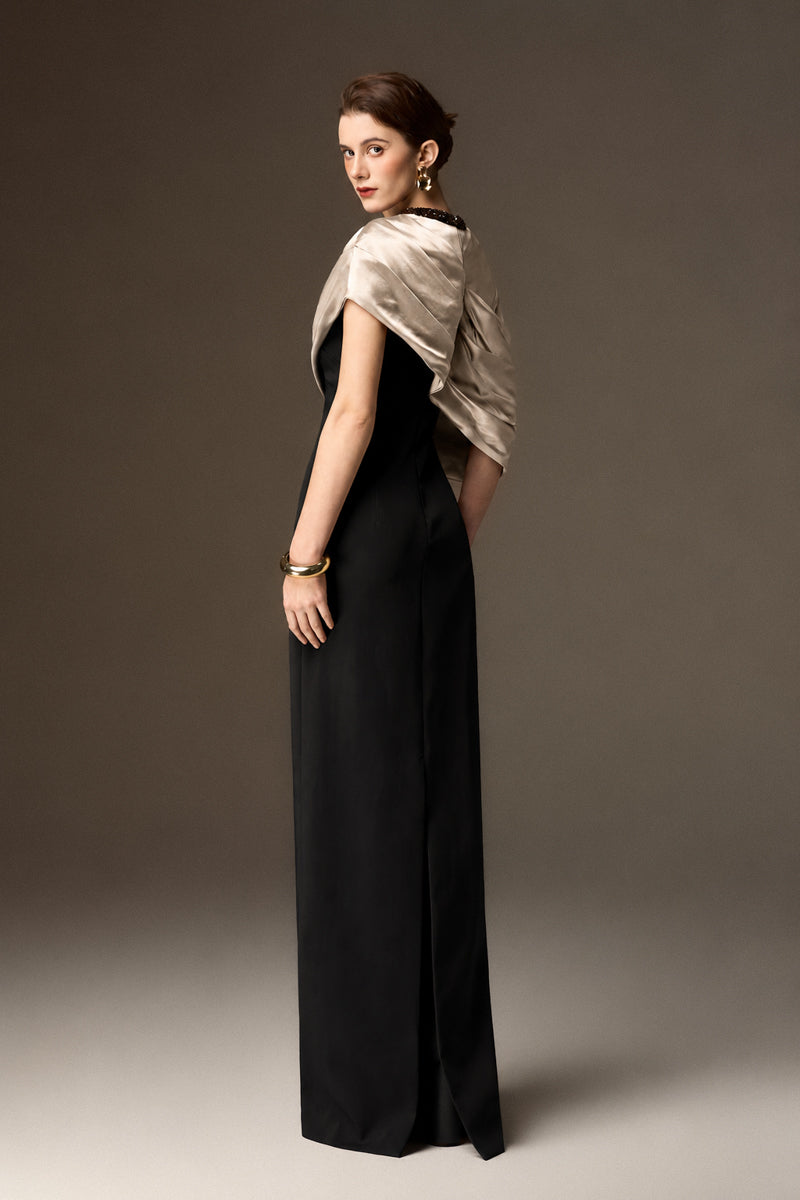AURELIA BLACK AND WHITE ASYMMETRIC CAPE COLUMN GOWN
