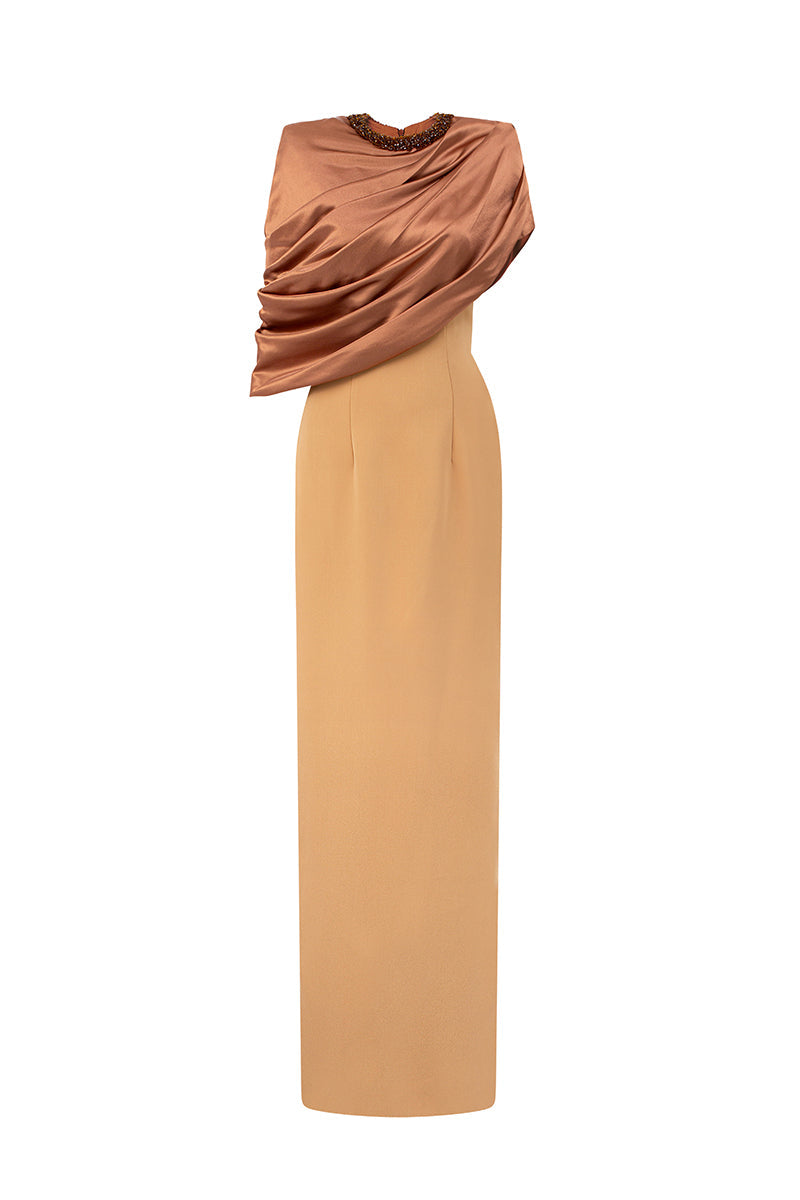 AURELIA BROWN ASYMMETRIC CAPE COLUMN GOWN