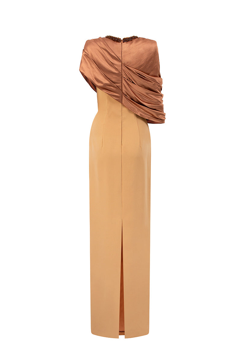 AURELIA BROWN ASYMMETRIC CAPE COLUMN GOWN
