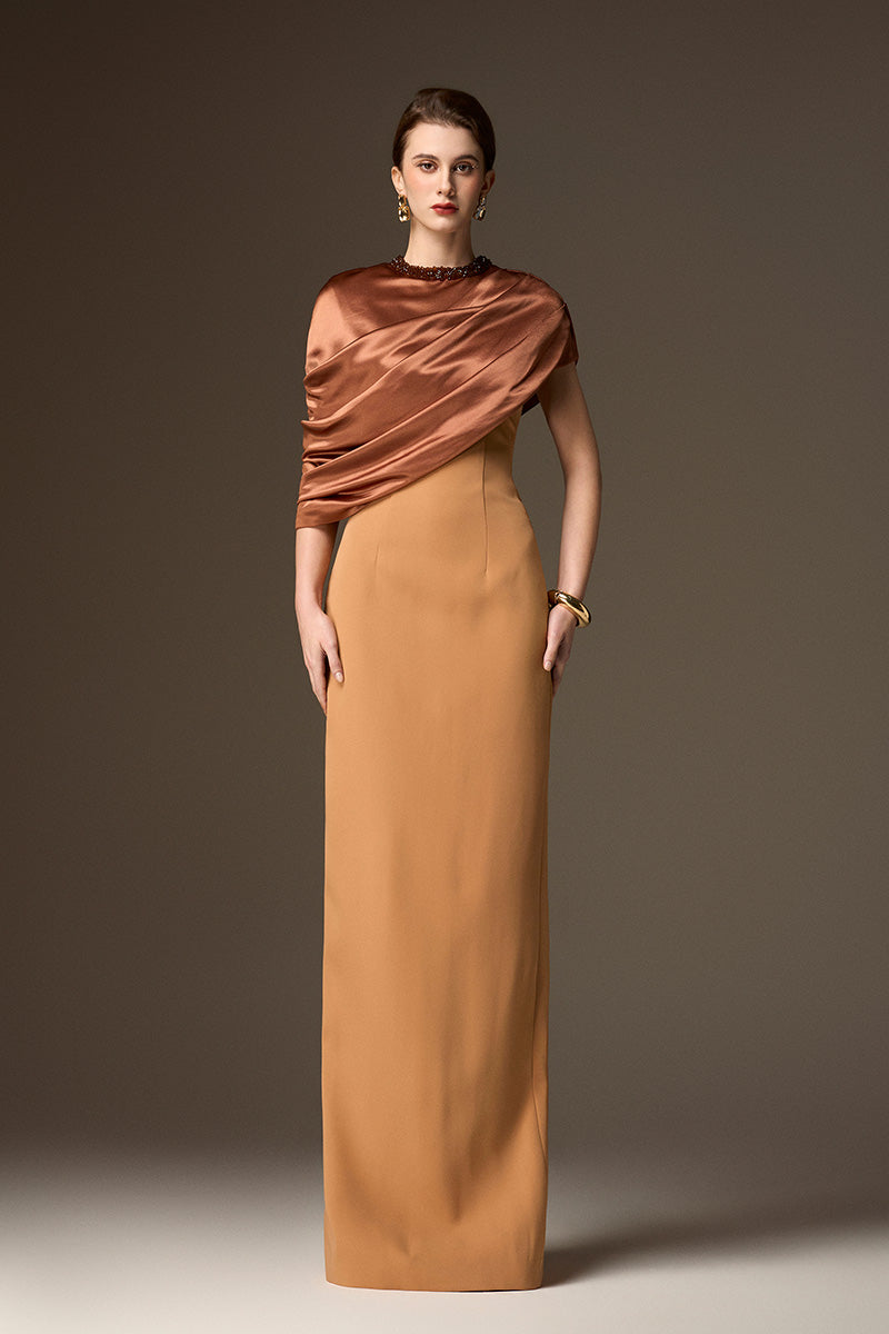 AURELIA BROWN ASYMMETRIC CAPE COLUMN GOWN