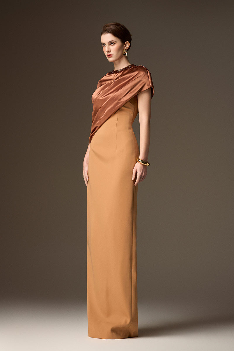 AURELIA BROWN ASYMMETRIC CAPE COLUMN GOWN