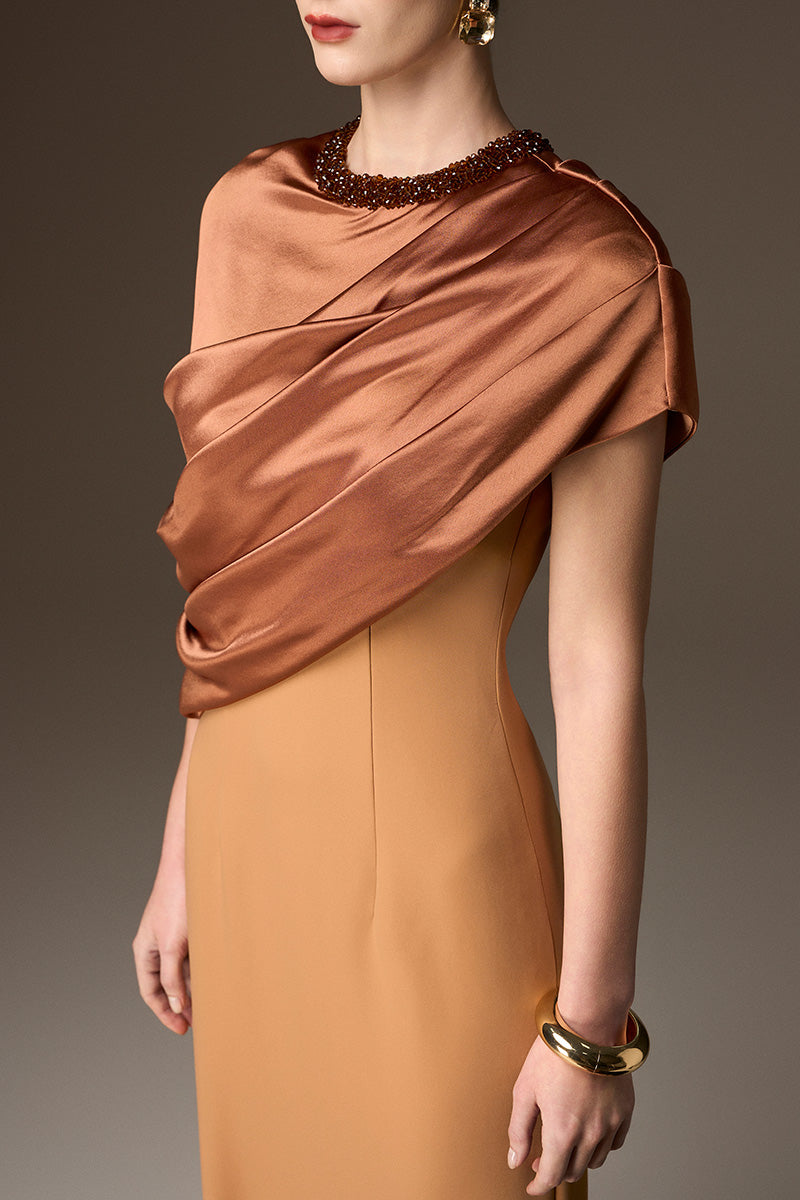 AURELIA BROWN ASYMMETRIC CAPE COLUMN GOWN