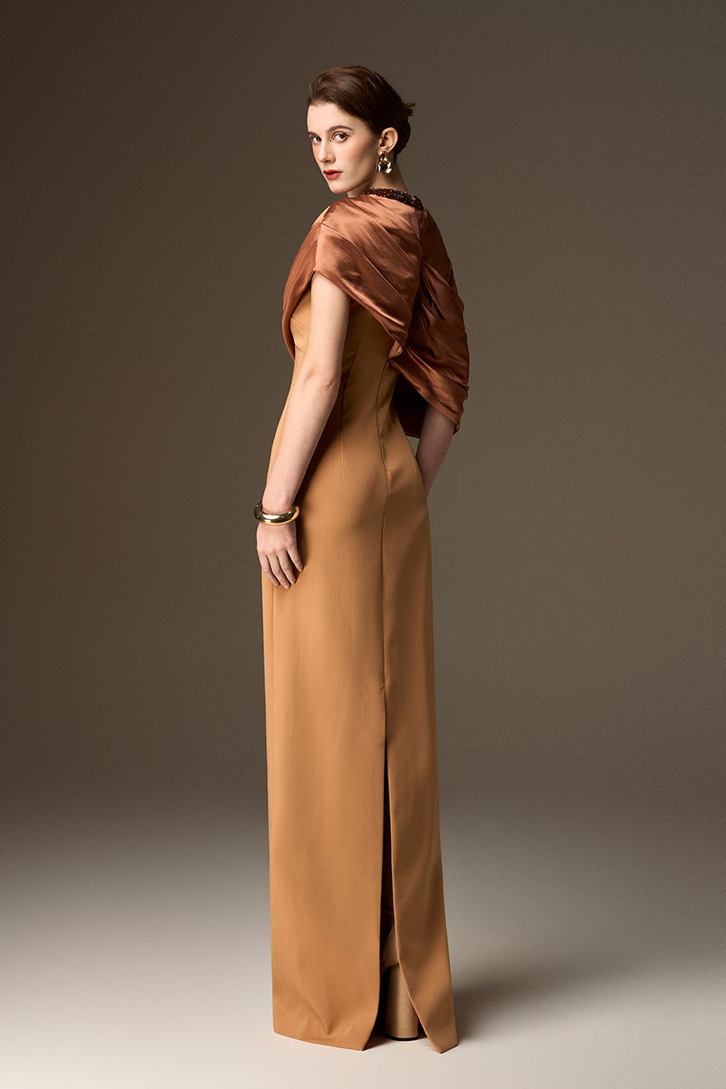 AURELIA BROWN ASYMMETRIC CAPE COLUMN GOWN