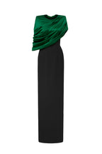 AURELIA BLACK AND GREEN ASYMMETRIC CAPE COLUMN GOWN