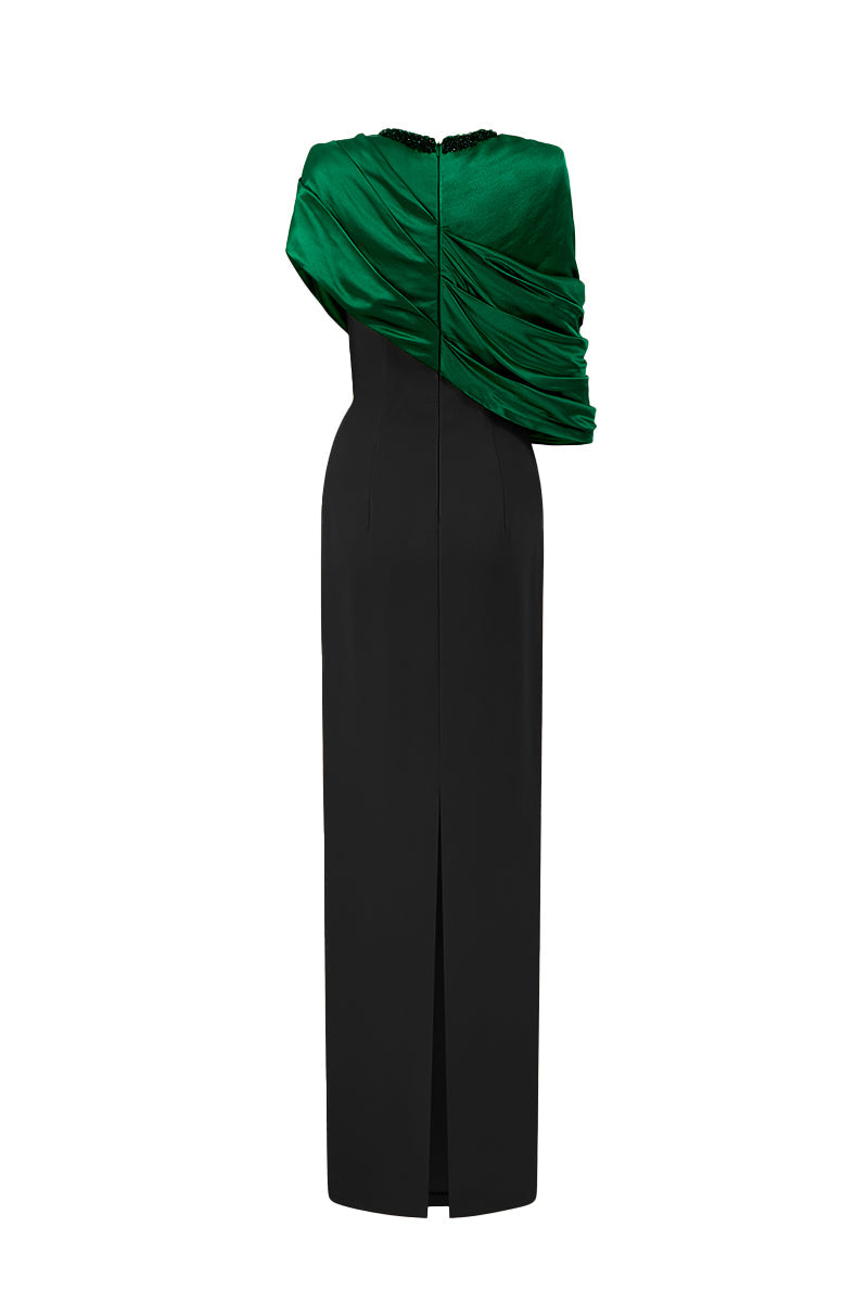 AURELIA BLACK AND GREEN ASYMMETRIC CAPE COLUMN GOWN
