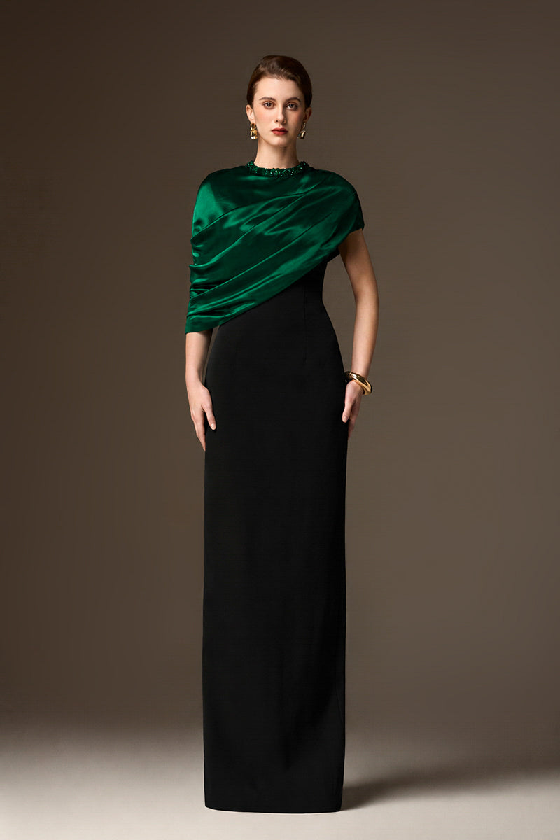 AURELIA BLACK AND GREEN ASYMMETRIC CAPE COLUMN GOWN