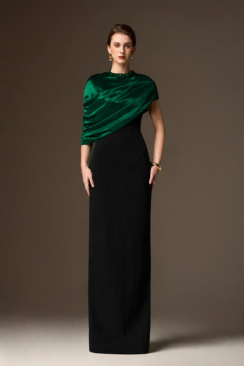 AURELIA BLACK AND GREEN ASYMMETRIC CAPE COLUMN GOWN