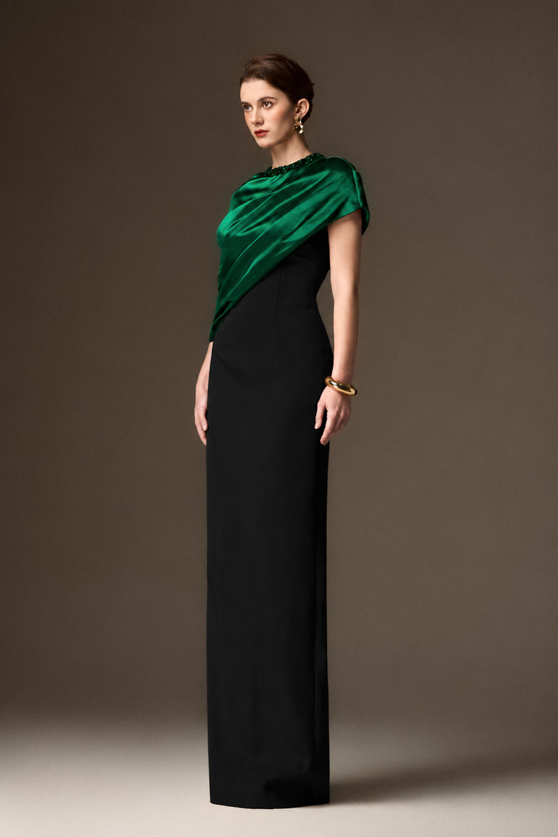 AURELIA BLACK AND GREEN ASYMMETRIC CAPE COLUMN GOWN