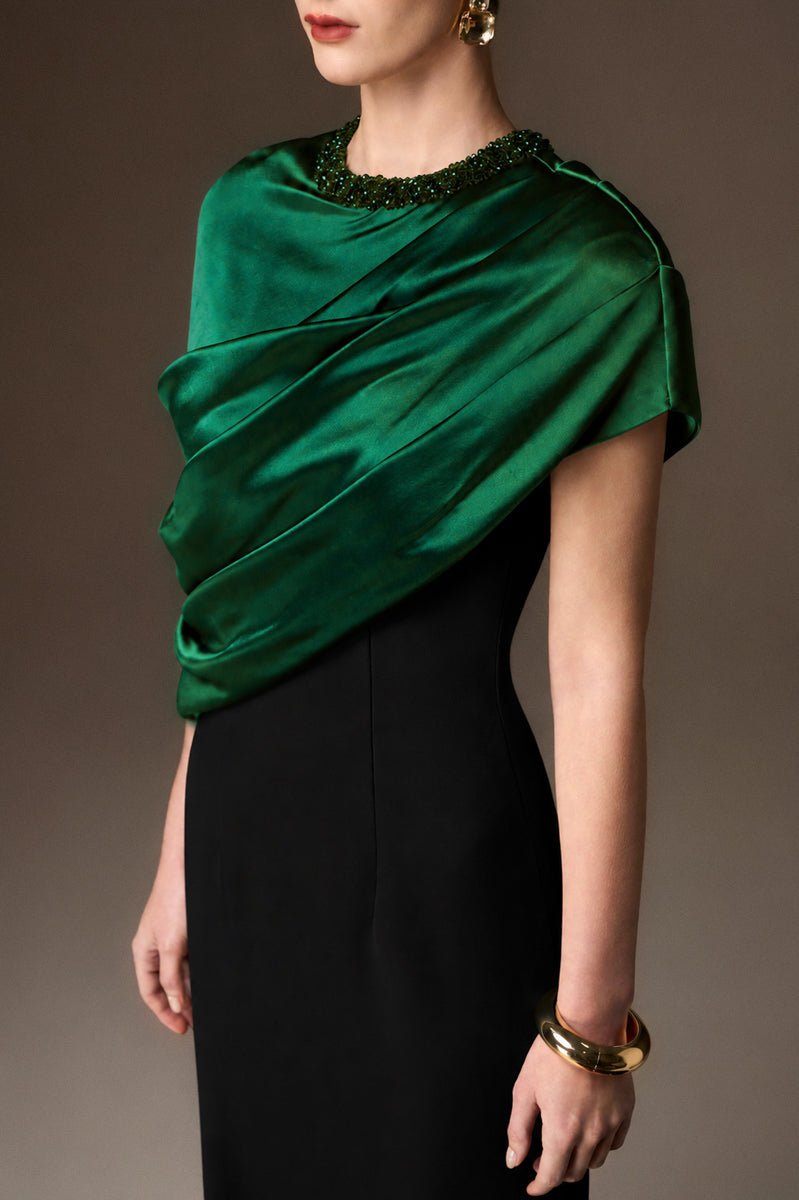 AURELIA BLACK AND GREEN ASYMMETRIC CAPE COLUMN GOWN